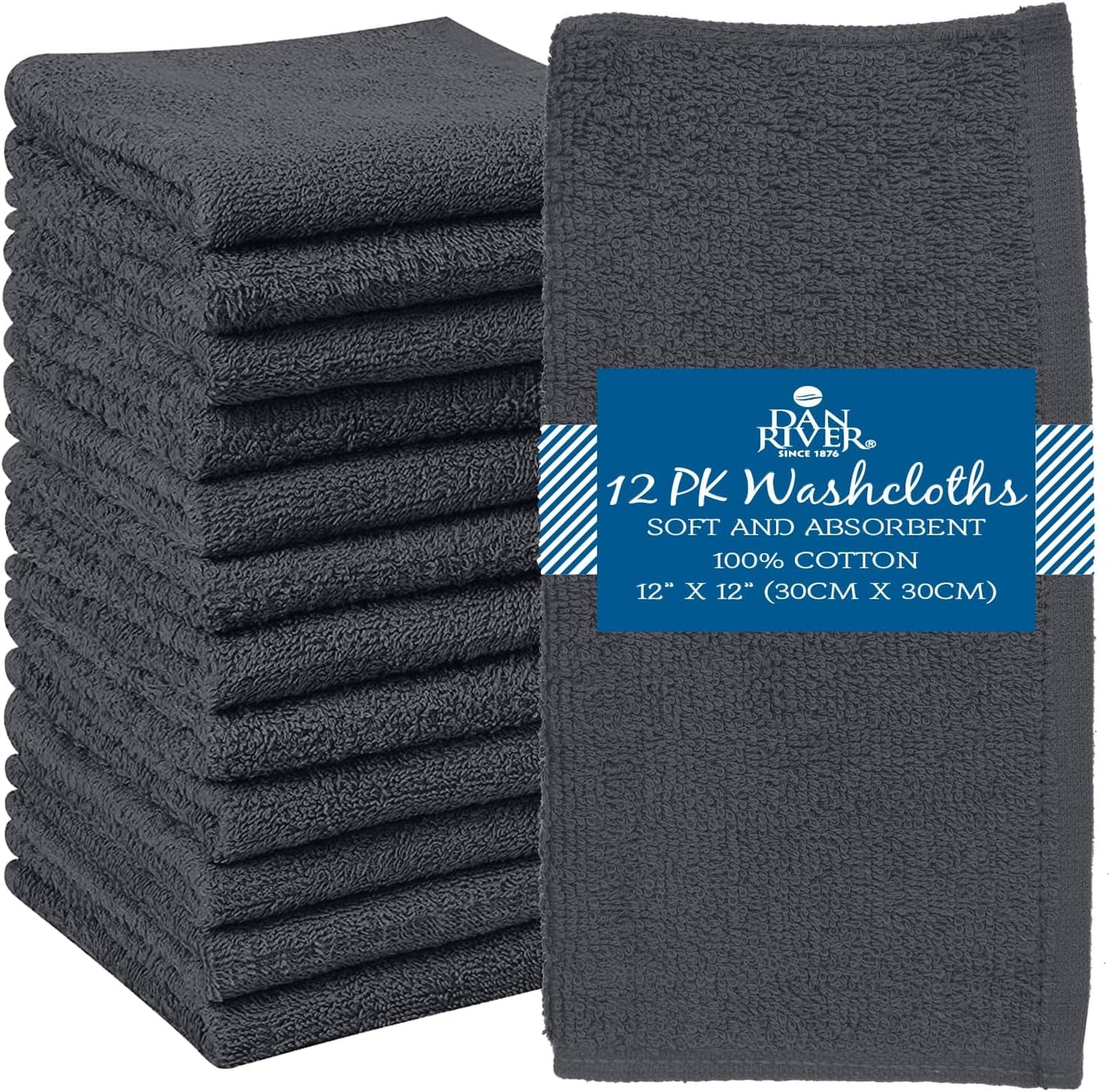 DAN RIVER 100% Cotton Wash Cloths 12 Pack [12x12] Soft & Absorbent Thin washcloths, Gym, Hotels & Spa Perfect for Everyday Use Fingertip Towels, Charcoal
