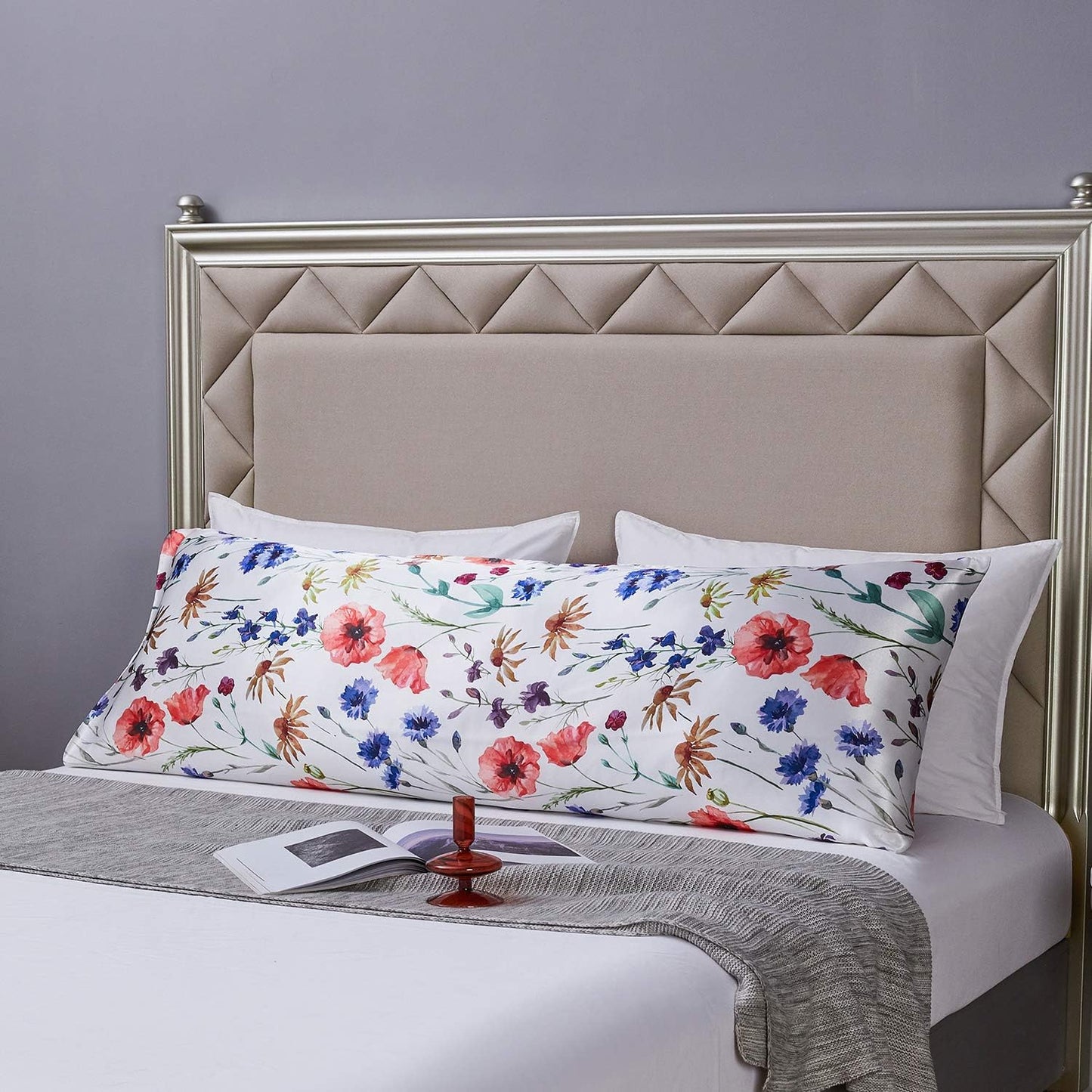 MR&HM Satin Body Pillow Cover, Soft and Breathable Body Pillow Case with Envelope Closure, Cooling and Silky Long Pillowcase for Hair and Skin,Grey (20x54, Floral Mixted)