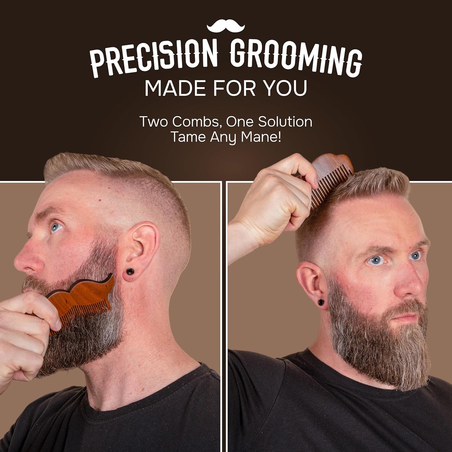 2-Piece Prazoli Mens Sandalwood Mustache, Beard & Hair Comb - Funny, Unique & Cool Gifts Ideas for Husband, Boyfriend, Dad & Man Anniversary | Fine Tooth Hair Care Grooming Set Kit | Mini Small Pocket