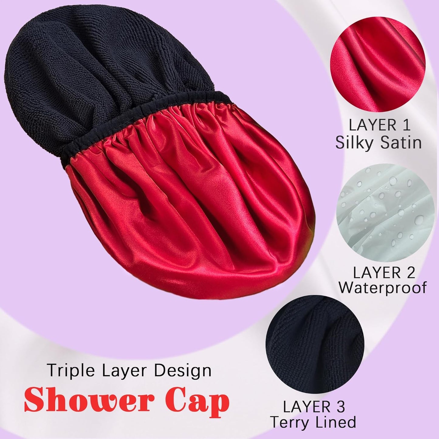 Shower Cap Reusable Waterproof, Terry Lined Shower Caps for Women, Triple Layer Hair Cap for Shower, Large Plastic Shower Cap for Braids Long Hair