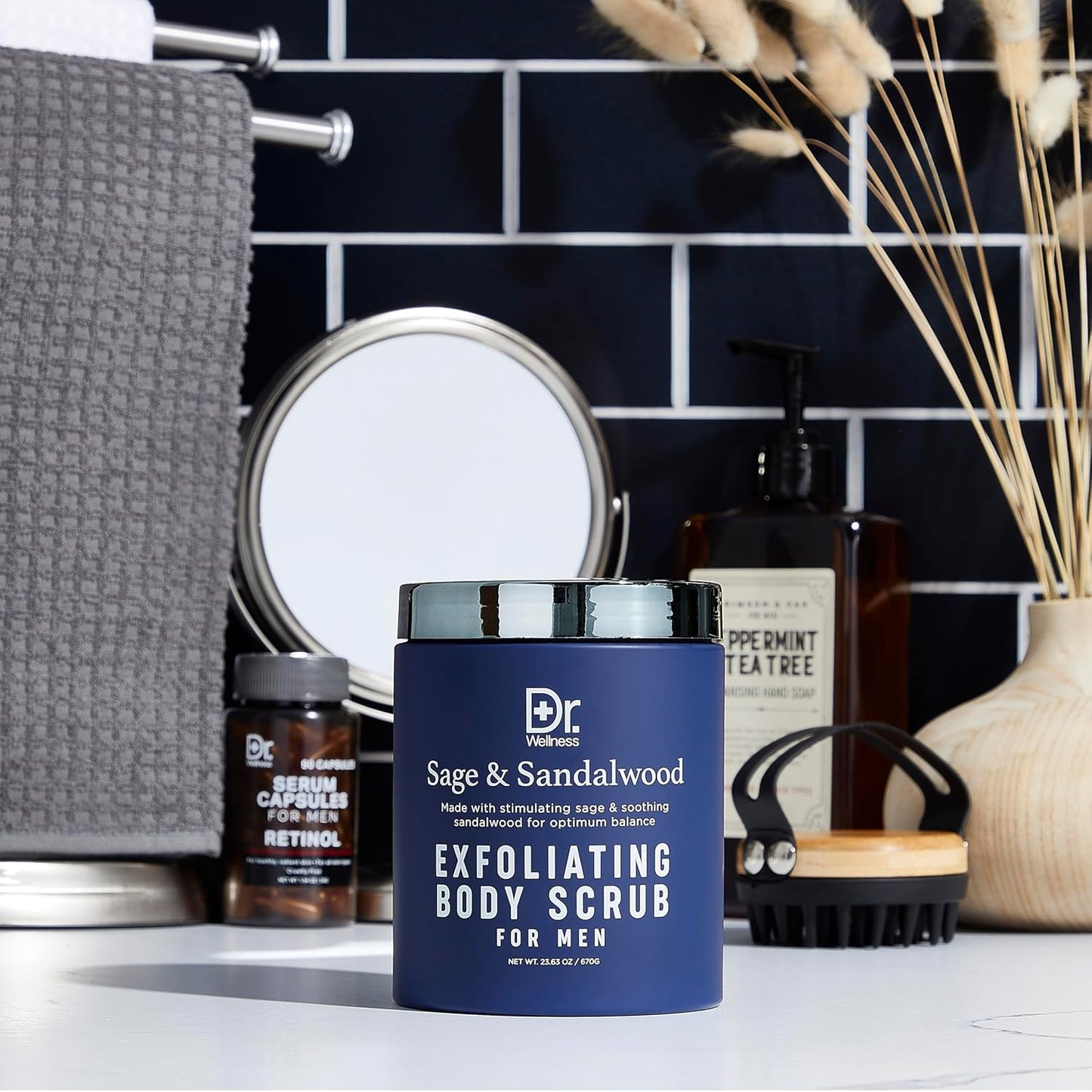 Dr. Wellness Body Scrub for Men- Ultimate Exfoliating Scrub Infused with Sage & Sandalwood, Men’s Body Wash in Jar with Twist Top, 23 oz, For All Skin Types