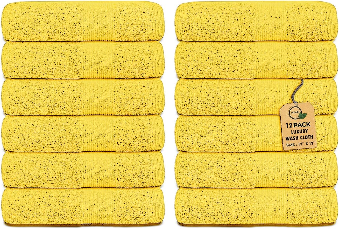 Premium Wash Cloths Pack of 12 (13" x 13") 100% Ring Spun Cotton | Luxury Washcloths | Ultra Soft Face Towels | Highly Absorbent Wash Cloths for face (Yellow)