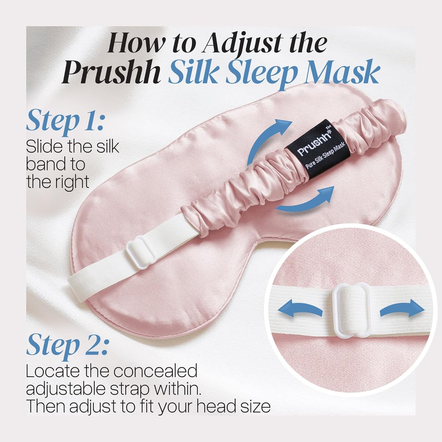 Adjustable Silk Sleep Mask Eye Covers | 100% Pure 6A Mulberry Silk | Blackout & Hypoallergenic | Concealed Strap for Women & Men | for Sleeping & Travel (Pink)