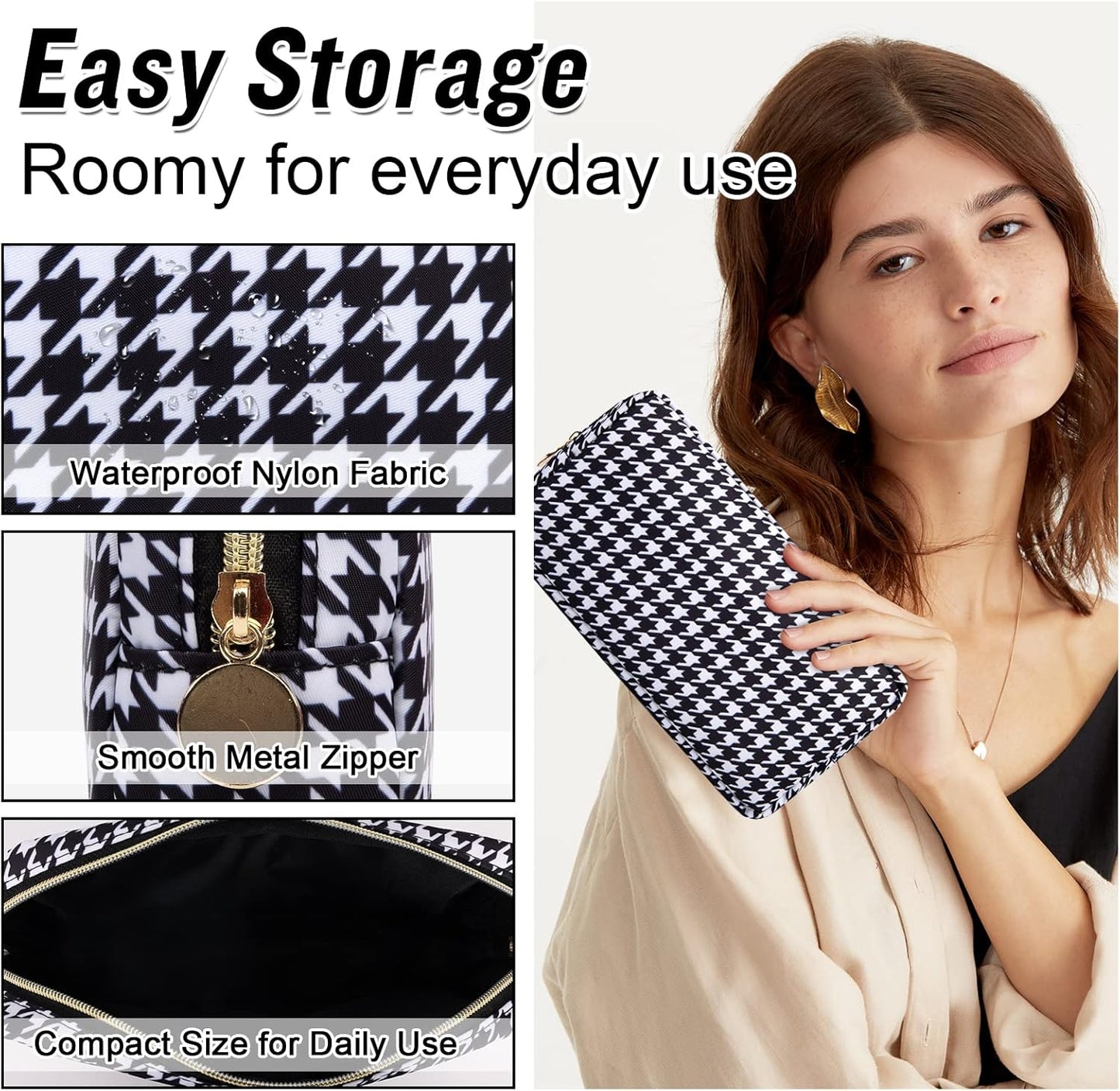 Nylon Small Makeup Bag for Purse, Cute Makeup Pouch Bag Preppy Cosmetic Zipper Pouch Purse, Portable Travel Toiletry Bag Clutch Makeup Brush Bag Organizer Storage for Ladies Girls(Black Houndstooth)