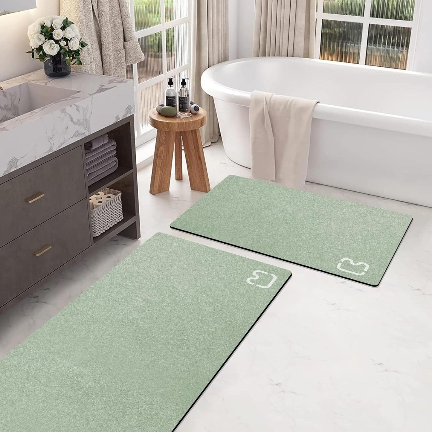 2 Piece Bathroom Rugs Mat Set - Quick Dry Diatomaceous Earth Bath Mat for Bathroom Non-Slip Bath Rug with Rubber Backing, Absorbent Bath Mats Thin Bath Floor Mat,15.7x23.6+15.7x47.2 Inch, Sage Green
