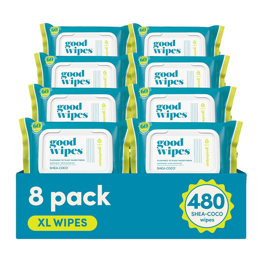Goodwipes Flushable Butt Wipes Made with Vitamin E & Aloe - Soft & Gentle Wet Wipe Dispenser for Home Use, Septic & Sewer Safe - Largest Adult Toilet Towelettes - Shea Coco, 60 Count (Pack of 8)