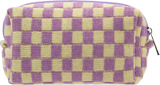 PAZIMIIK Checkered Makeup Bag for Purse Portable Zipper Make Up Pouch Small Cosmetic Case for Travel Accessories (Purple)
