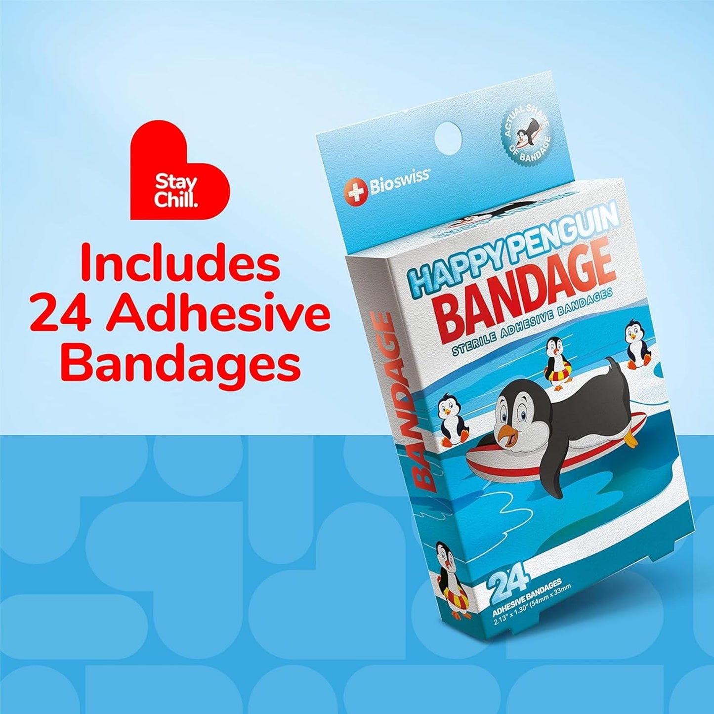 BioSwiss Kids Bandages, Penguin Shaped Self Adhesive Bandage Set, Latex Free, Sterile Wound Care, 24 Count