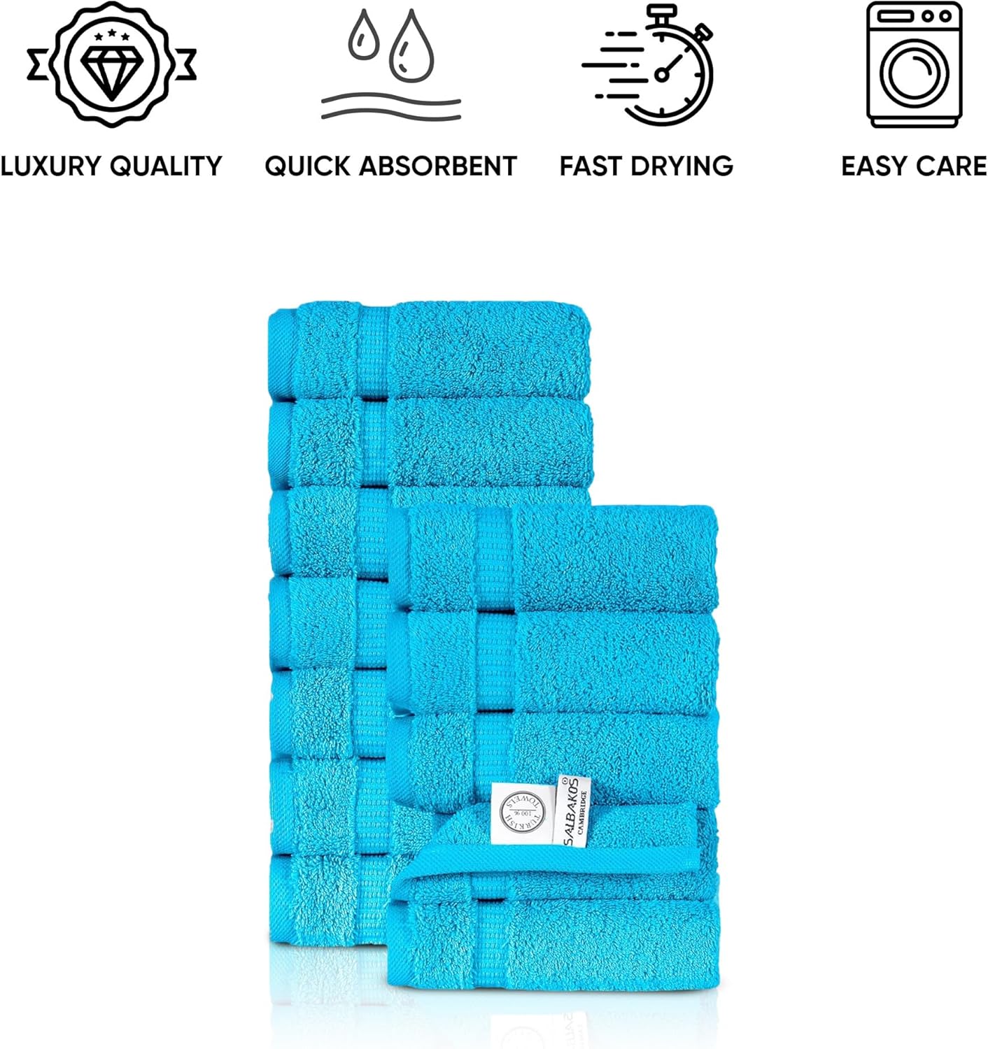 SALBAKOS 100% Turkish Cotton Washcloth Set of 12 13x13 inch | Heirloom Quality | Hotel & Spa Collection | Ultra Soft, Super Absorbent, Washcloth Towels | Made in Turkey (Aqua, 12 Washcloths)