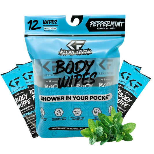 The Klean Freak Body Wipes - 12 count Individually Wrapped | Showerless Body Wipe for Women & Men | Sustainable Bodywipes for Gym, Travel, Camping | Peppermint