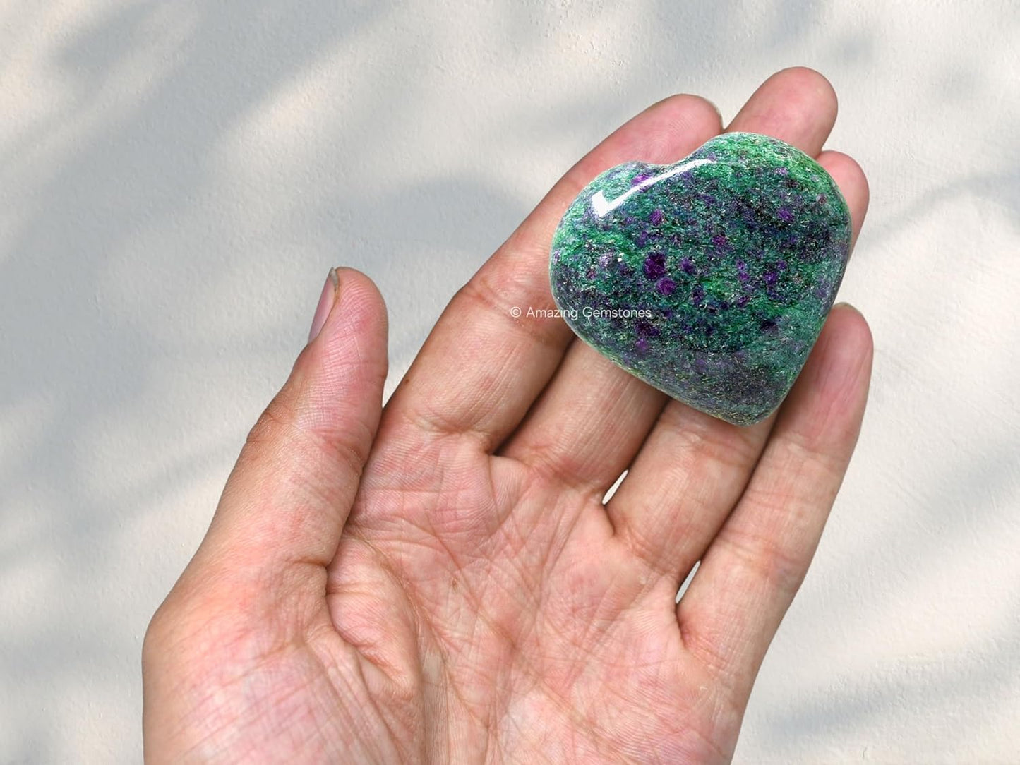Amazing Gemstone Ruby Fuchsite Crystal Heart Palm Stone - Pocket Massage Worry Stone for Natural Body Chakra Balancing, Reiki Healing and Crystal Grid