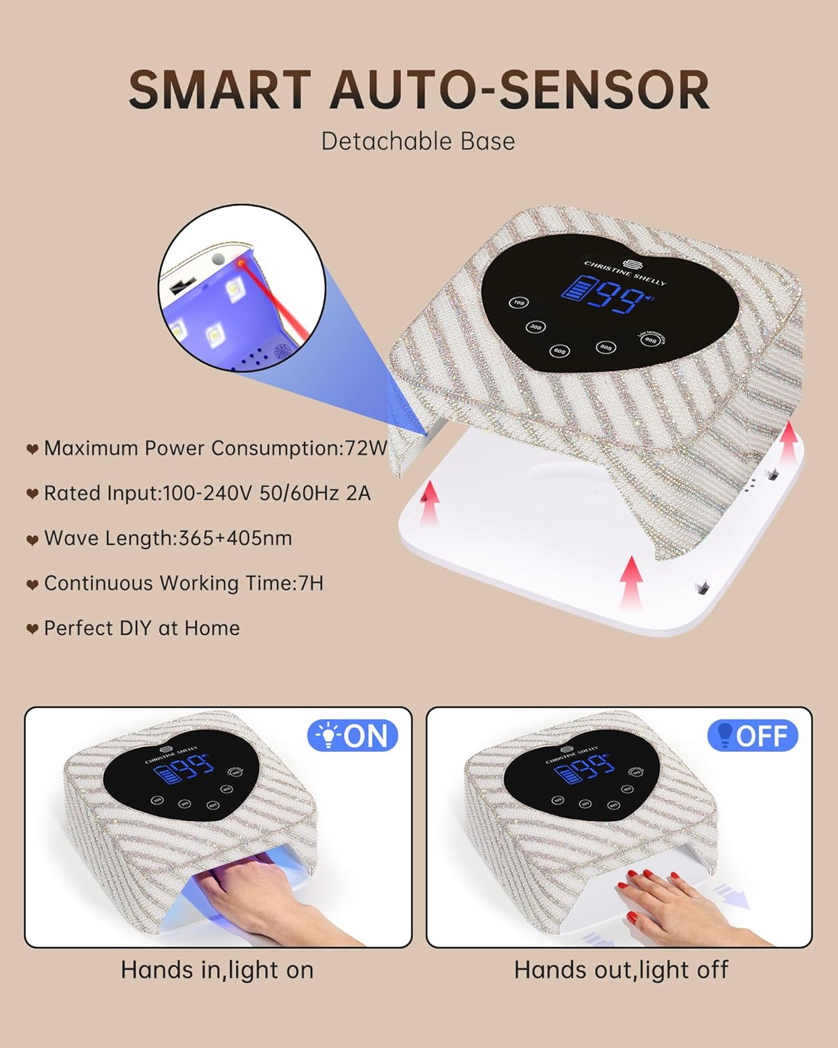 UV LED Nail Lamp 72W Rechargeable Sparkly Nail Dryer Gel Polish Light with 5 Timer Setting Professional Quick Dry Curing Lamp with Display Auto Sensor for Salon & Home, Pearl Diamond