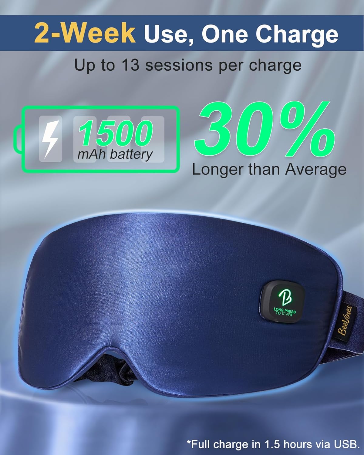 BeeVines Cordless Heated Eye Mask, Warm Compress for Dry Eyes, Light Blocking Heat Eye Masks for Women Men, Rechargeable Soft Heating Pad with Travel Pouch & Washable Cover(Blue)