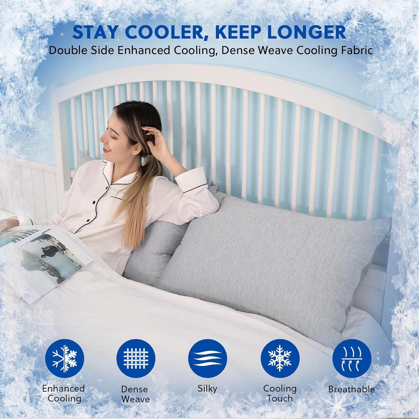 HOMFINE Cooling Pillowcases King Size - Double Side Q-Max 0.439 Cooling Fiber for Pillow Protector, Breathable Cold Pillow Cover for Hot Sleeper Night Sweat, Hidden Zipper, 2 Pack (20"x36", Grey)