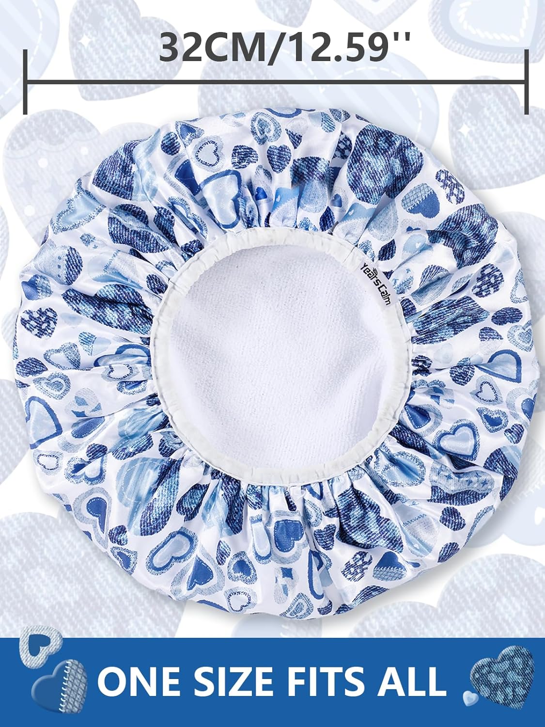 Years calm Terry Lined Shower Cap, Triple Layer Heart Motifs,Waterproof Reusable Elastic,Hair Shower Cap for Women,Terry Cloth Shower Caps for Spa,Clean,Trave (Blue, One Size)