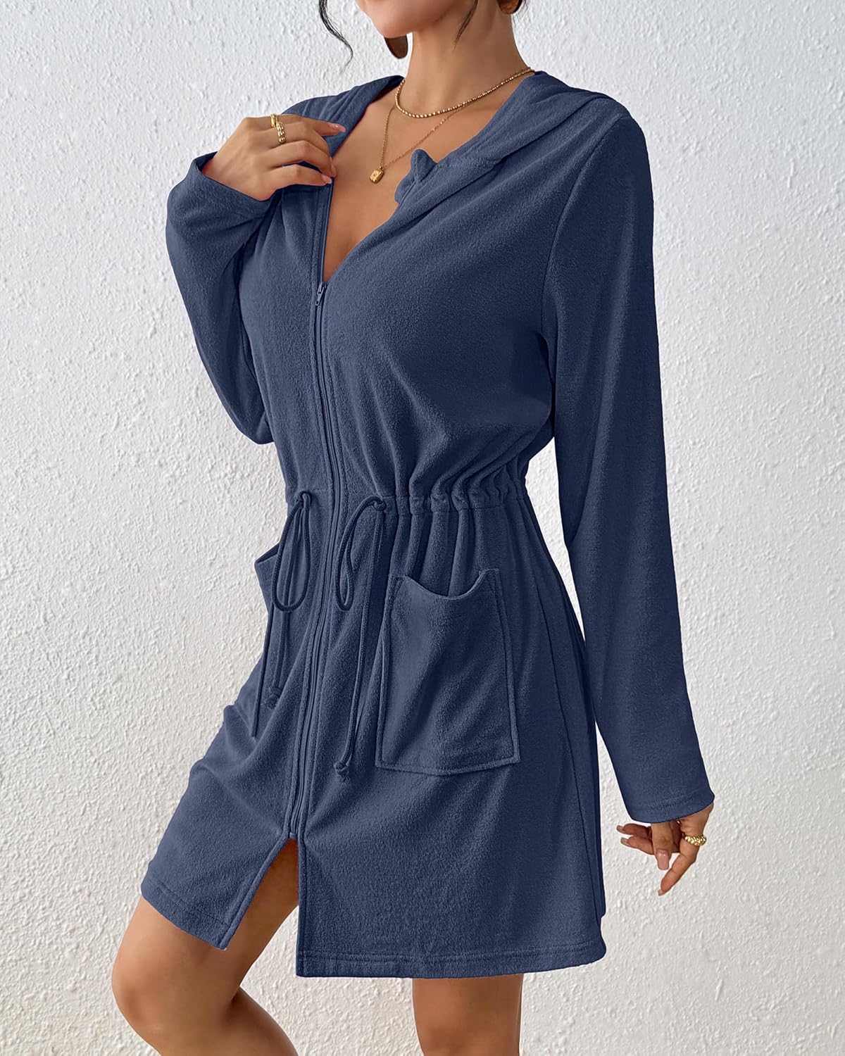 Bsubseach Terry Cloth Cover Up - Women Zip Up Long Sleeve Swimsuit Coverup Hooded Bath Robes with Pockets