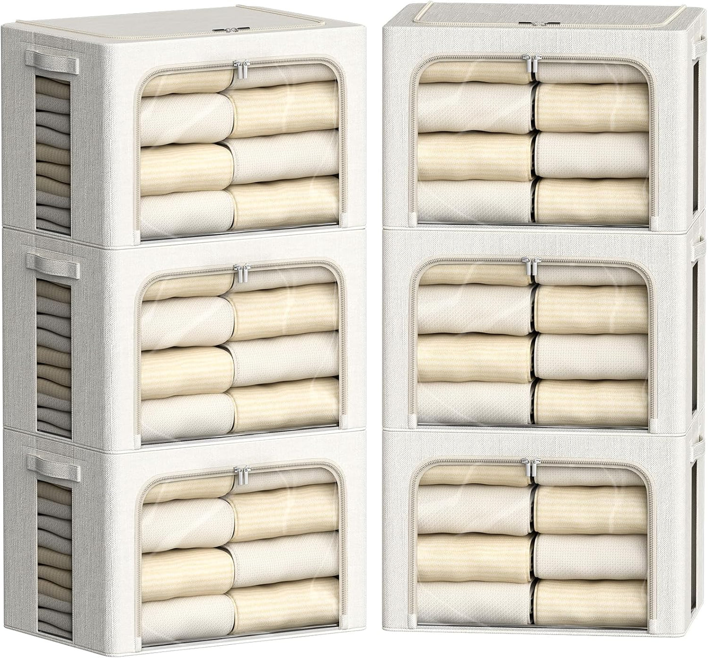 FHSQX 6 Pack Clothes Storage Bins with Metal Frame Foldable Storage Bins for Clothes Linen Fabric Storage Box with Clear Window (Lvory White, 19.7x15.7x13inch(66L))