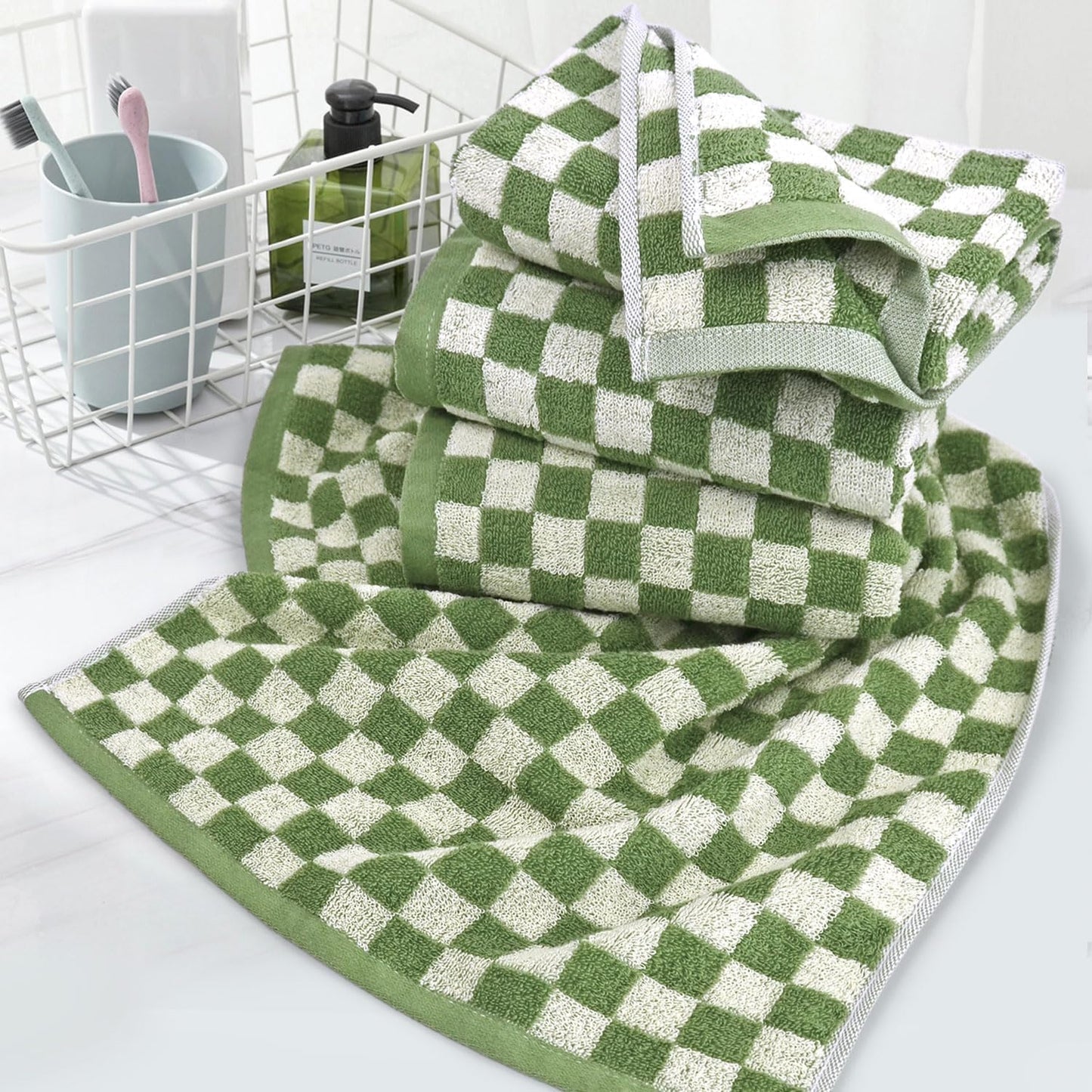 Green Hand Towels for Bathroom Set of 4 - Cute Checkered Bathroom Towels for Kitchen Decor, Lightweight for Bath Face Body