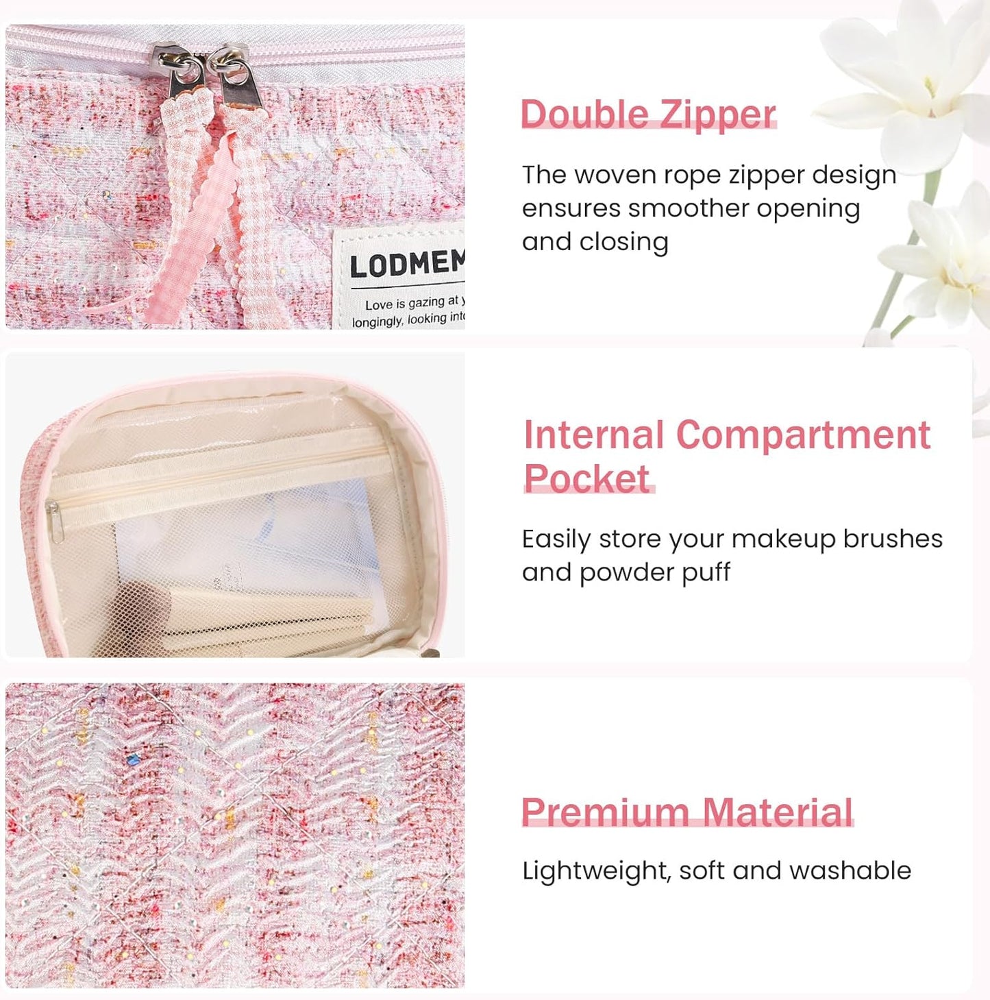 Makeup Bag 3 PCS Quilted Cosmetic Bags for Women, Large Travel Make up Bag Set Cute Cotton Toiletry Bag Organizer Pouch for Purse, Pink