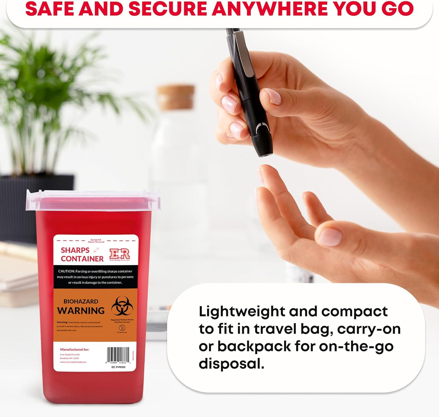 Sharps Container with Split Lid Design and Locking Mechanism for Safe Needle, Syringe, and Lancet Disposal - Puncture-Resistant, Leak-Proof, 1 Quart - 100 Count