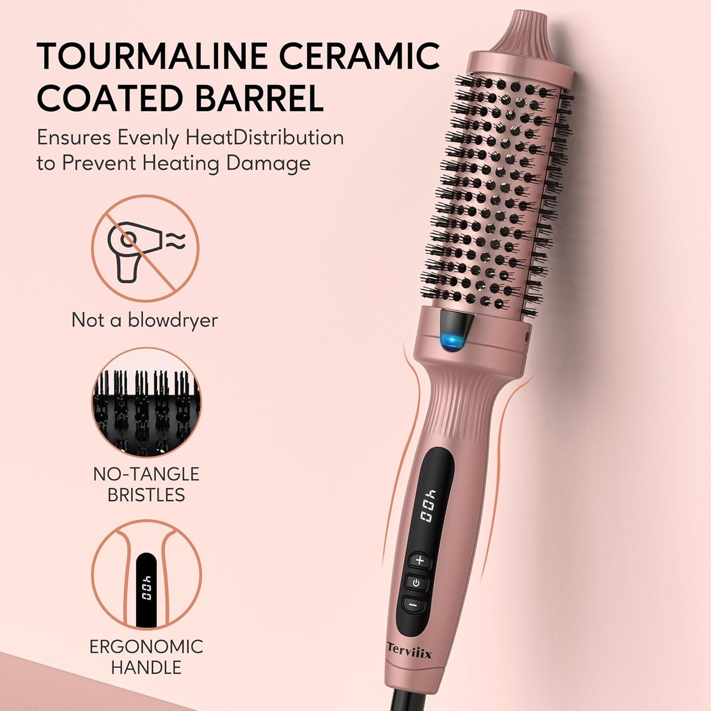 Terviiix Thermal Brush Get Voluminous Style, Quick Heating Hot Brush, Ceramic Tourmaline Ionic Heated Curling Iron, Digital Display 9 Temperatures Curling Wand, Dual Voltage, 1.5 Inch