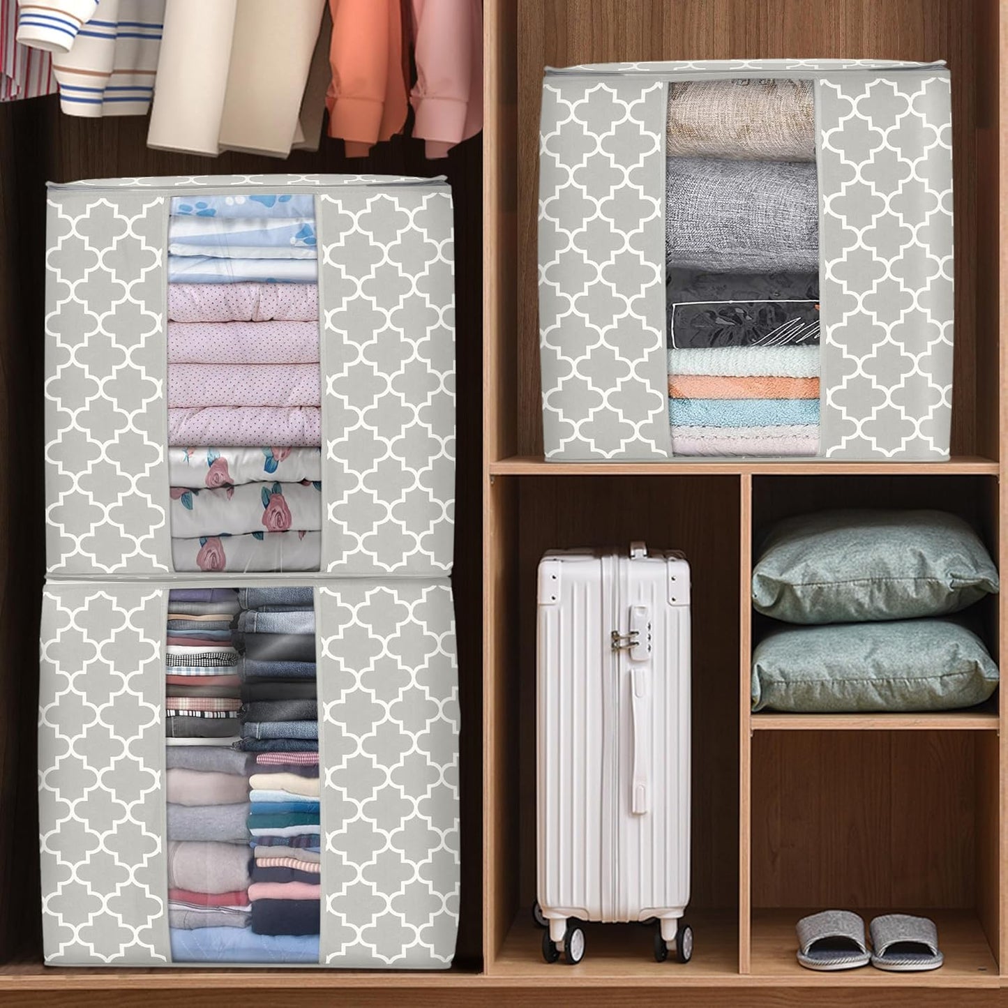 WISELIFE Storage Bags 8 Pack/100L Large Blanket Clothes Organization and Storage Containers for Comforters,Bedding, Foldable Organizer with Reinforced Handle, Clear Window, Sturdy Zippers,Lvory