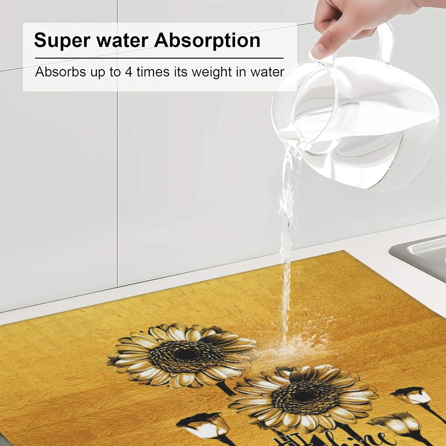 Sunflower Dish Drying Mat for Kitchen Counter Black Gold Washable Absorbent Reversible Microfiber Modern Drying Pad Kitchen Accessories 16x18 Inch