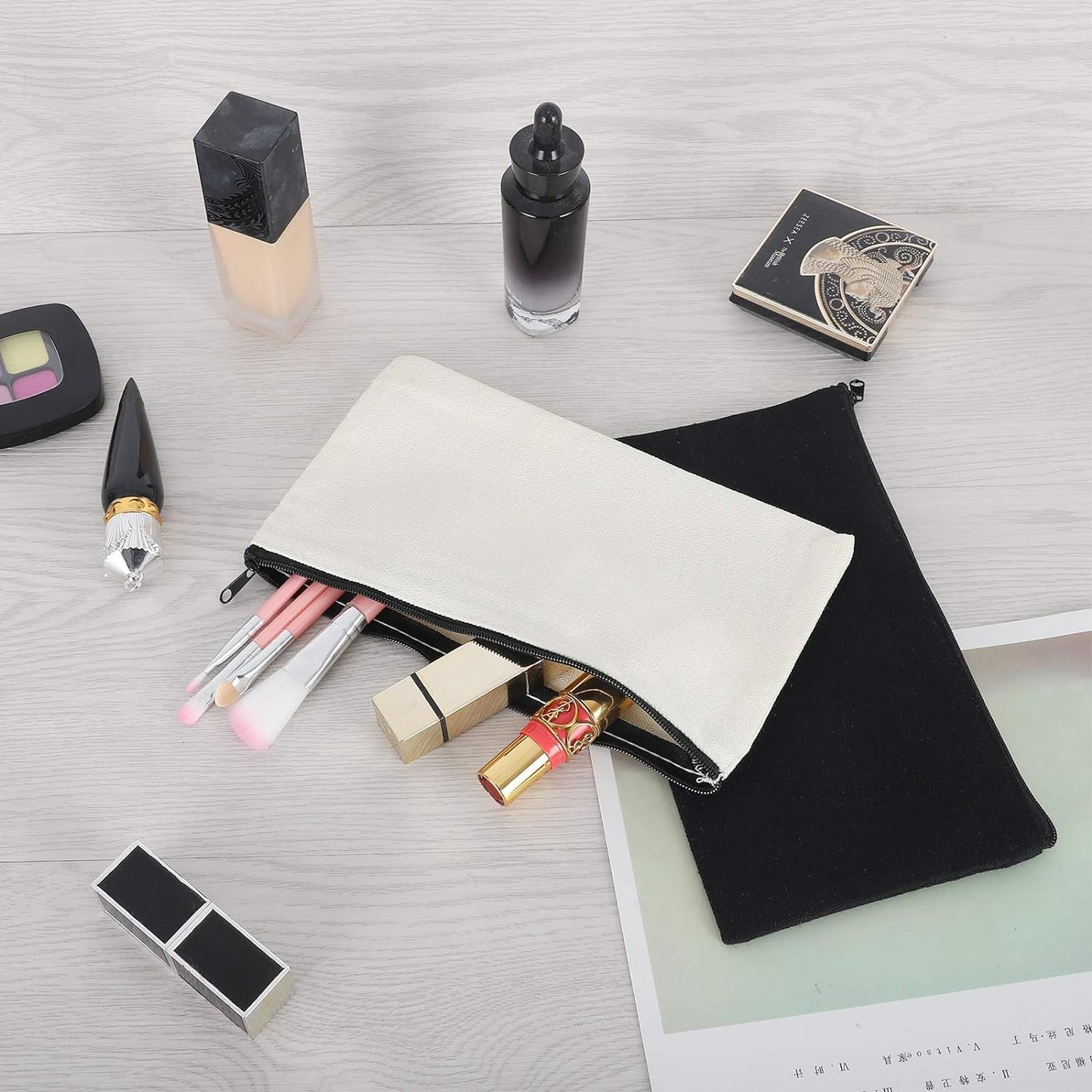 12 Pieces Cotton Canvas Makeup Bag, Multipurpose Cosmetic Bag with Zipper Travel Toiletry Pouch, Blank DIY Craft Bag (Grey, L)