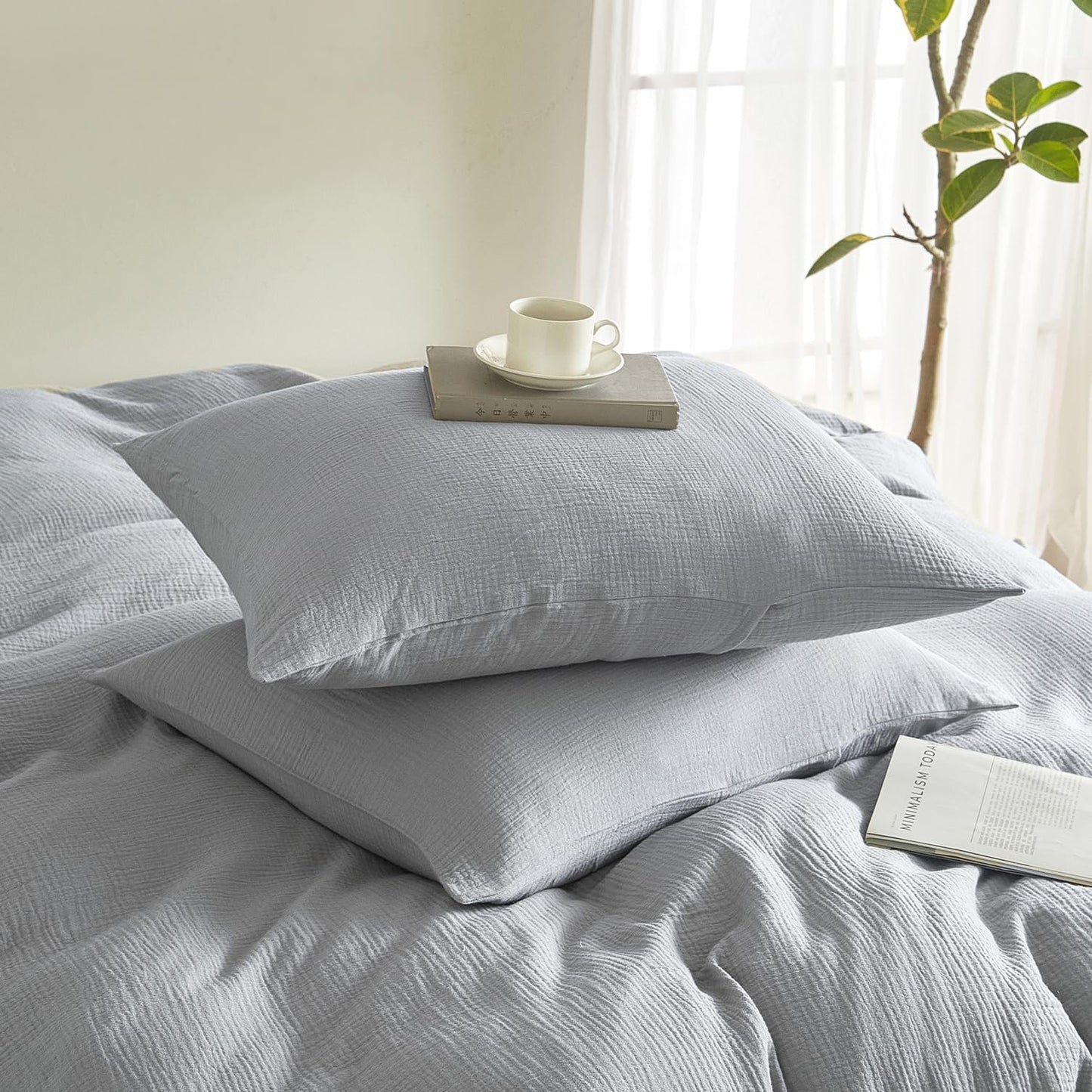 SE SOFTEXLY Muslin Pillowcases Standard Size 100% Cotton, 2 Pack Linen Like Pillow Shams with Envelope Closure, Ultral Soft and Breathable Pillow Case Covers, Light Grey, 20" X 26", No Filling