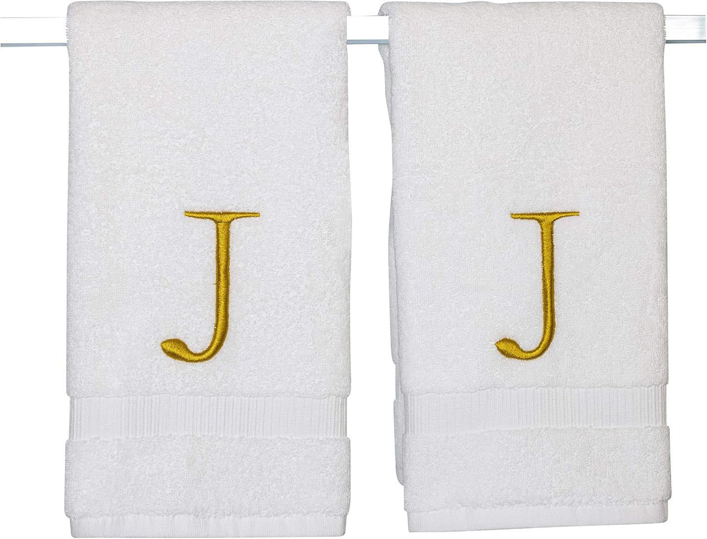 Monogrammed Hand Towels for Bathroom - Luxury Hotel Quality Personalized Initial Decorative Embroidered Bath Towel for Powder Room, Spa - GOTS Organic Certified - Set of 2 Gold Letter J