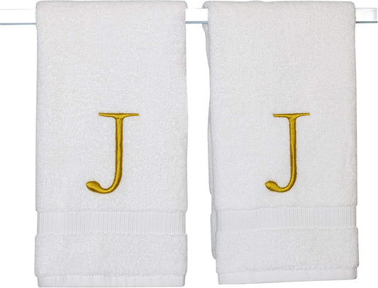 Monogrammed Hand Towels for Bathroom - Luxury Hotel Quality Personalized Initial Decorative Embroidered Bath Towel for Powder Room, Spa - GOTS Organic Certified - Set of 2 Gold Letter J