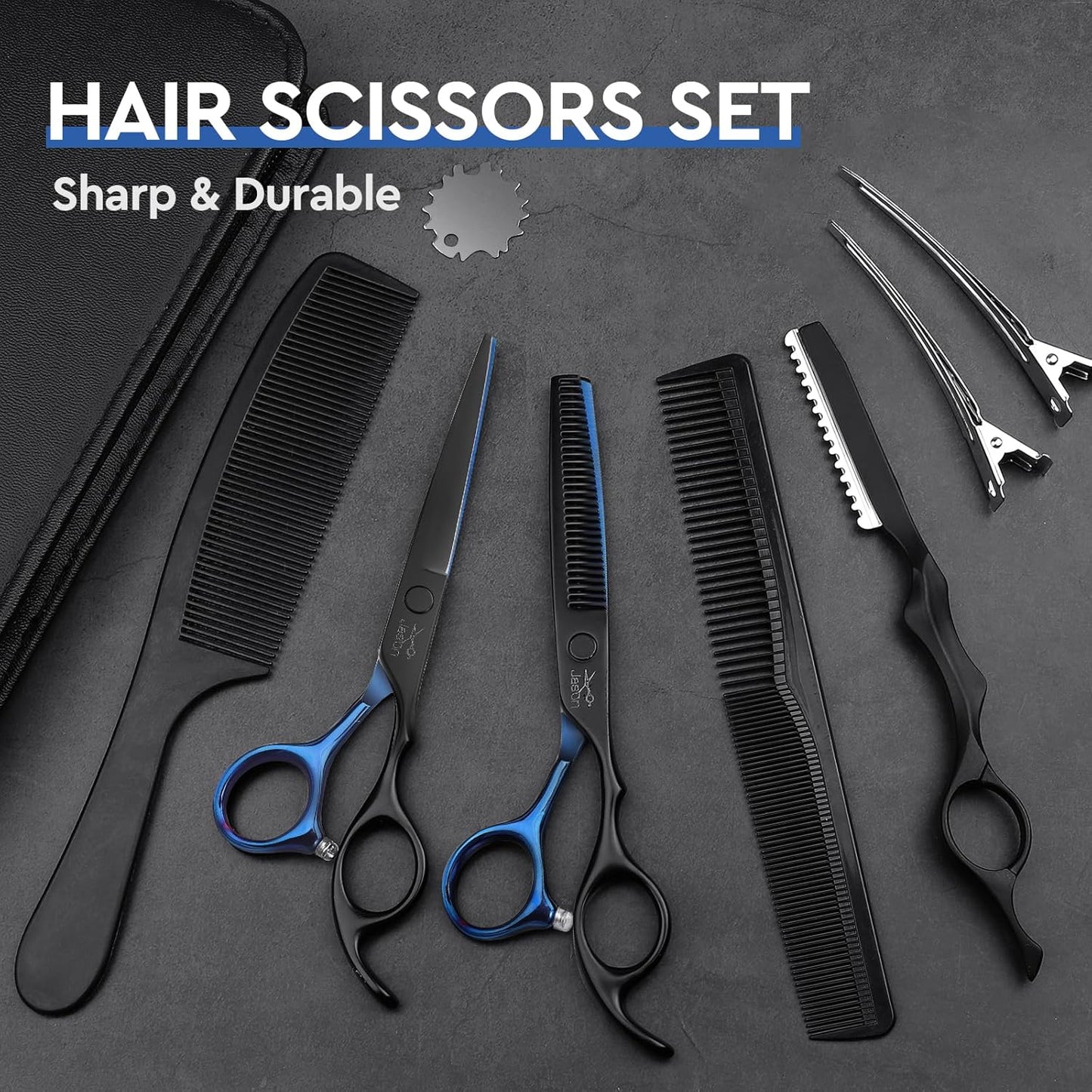 JASON Professional 10 PCS Haircut Scissors Set - 6.7" Thinning/Texturizing Scissors, Straight Shears for Men Women Home Salon Barber (30 Teeth, Black & Blue)