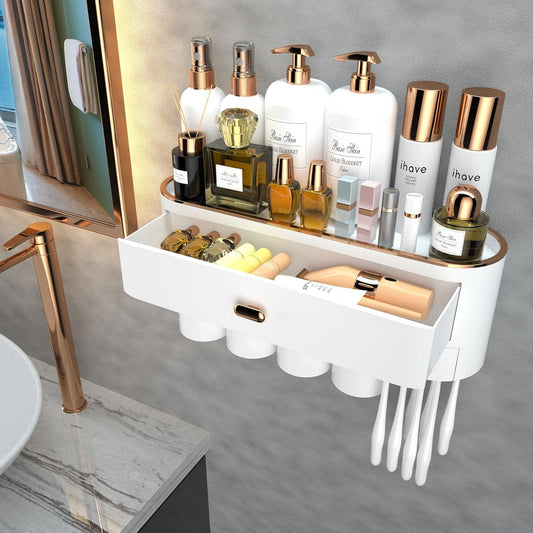 iHave Toothbrush Holders for Bathrooms, 4 Cups Toothbrush Holder Wall Mounted with Large Capacity Drawer and Tray - Bathroom Storage & Bathroom Organizer