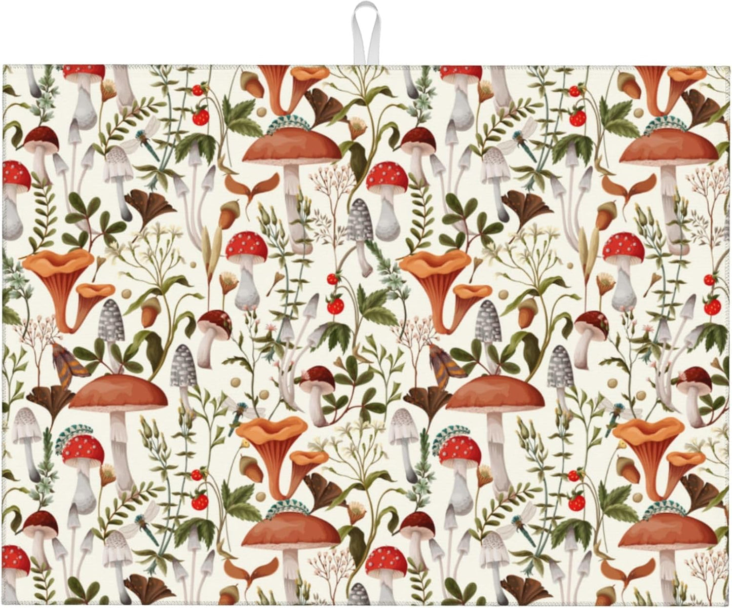 Boho Mushroom Decor Microfiber Dish Drying Mat for Kitchen Counter 18"x24" Botanic Plant Beige Dishes Pad Dish Drainer Rack Mats Washable Absorbent Fast Dry