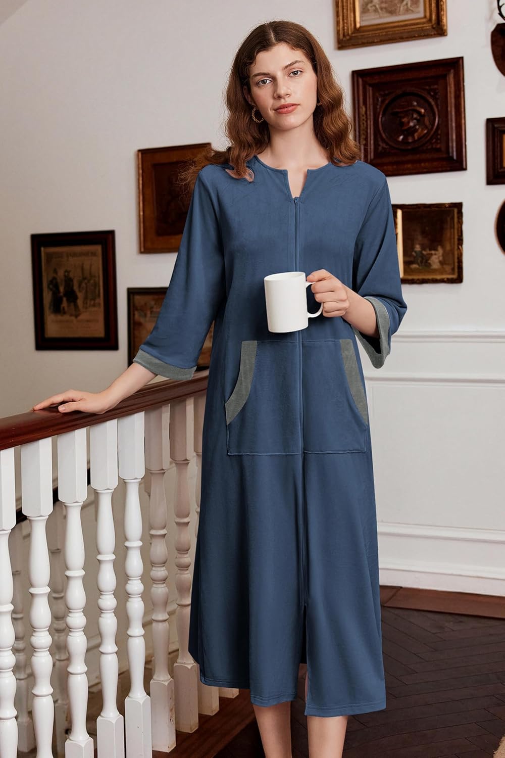 Ekouaer Women Zipper Robe 3/4 Sleeves Loungewear Dress Full Length Sleepwear Pockets Housecoat Nightgown Long Bathrobe