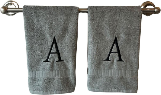 Gray Initial Hand Towel for Bathroom - Monogrammed Luxury Hotel Quality Decorative Embroidered Towel for Powder Room, Spa - GOTS Organic Certified - Set of 2 Black Letter A