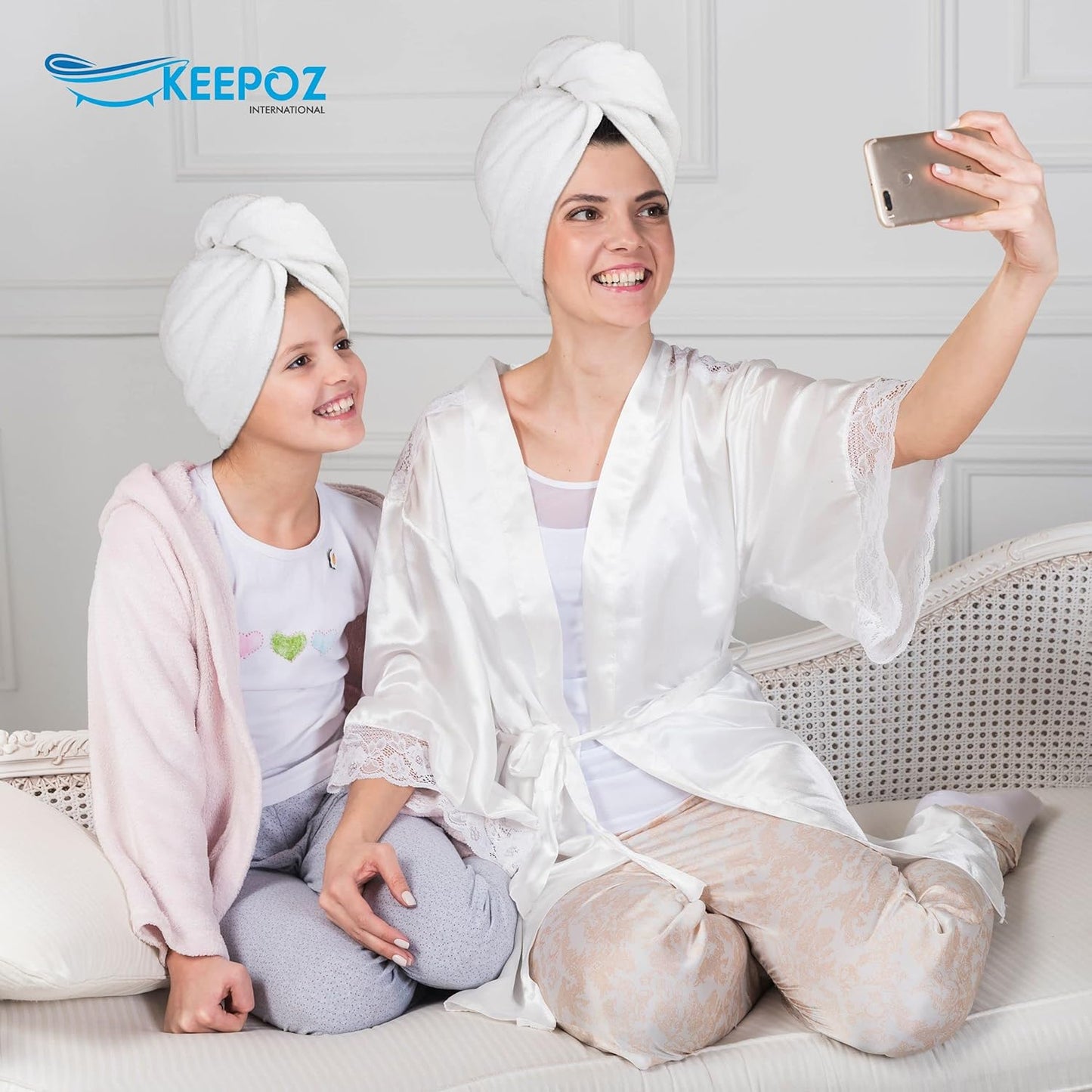 KEEPOZ 100% Cotton Hair Towel Wrap Quick Dry Super Absorbent Turban Head Wrap for Women with Button, Anti Frizz, Hair Cap for Curly, Long & Thick Hair (White, 1 Pc)