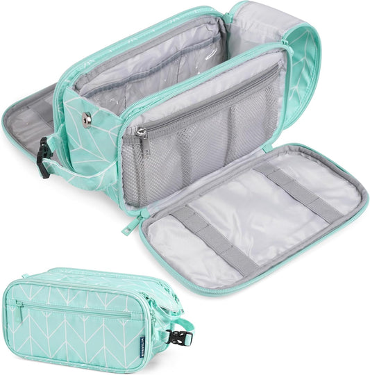 PAVILIA Large Toiletry Bag for Men Women, Mens Travel Bag Toiletries Organizer Case for Grooming, Travel Essentials Shaving Dopp Kit, PU Leather Water Resistant Cosmetic Pouch, Teal Chevron