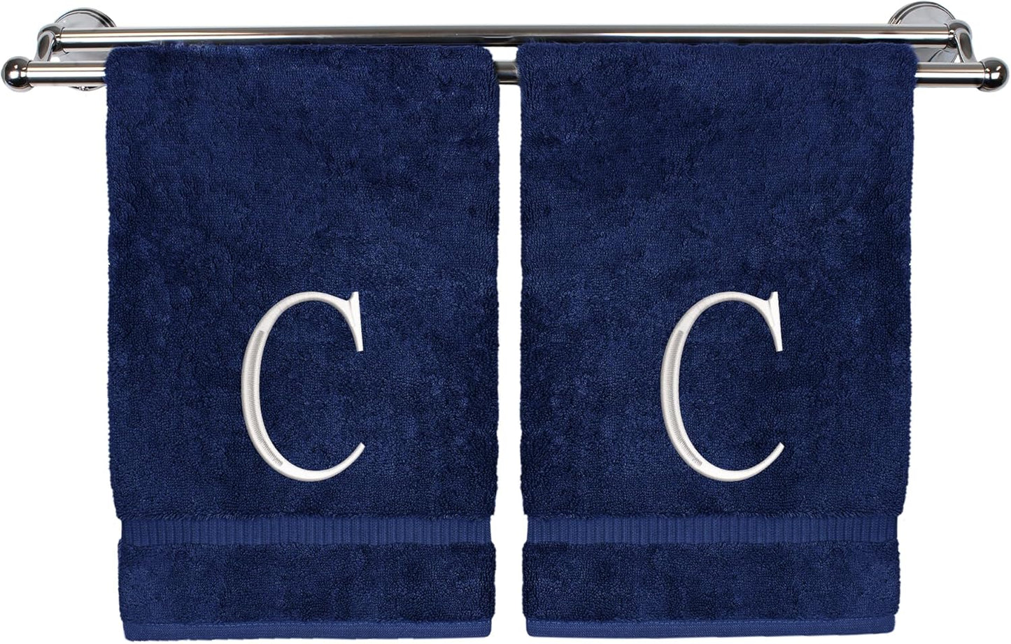 Monogrammed Hand Towel, Personalized Initial Gift, Extra Absorbent 100% Turkish Cotton - Soft Terry Finish - Set of 2 - White Block Initial C - Embroidered on Navy Blue Towels