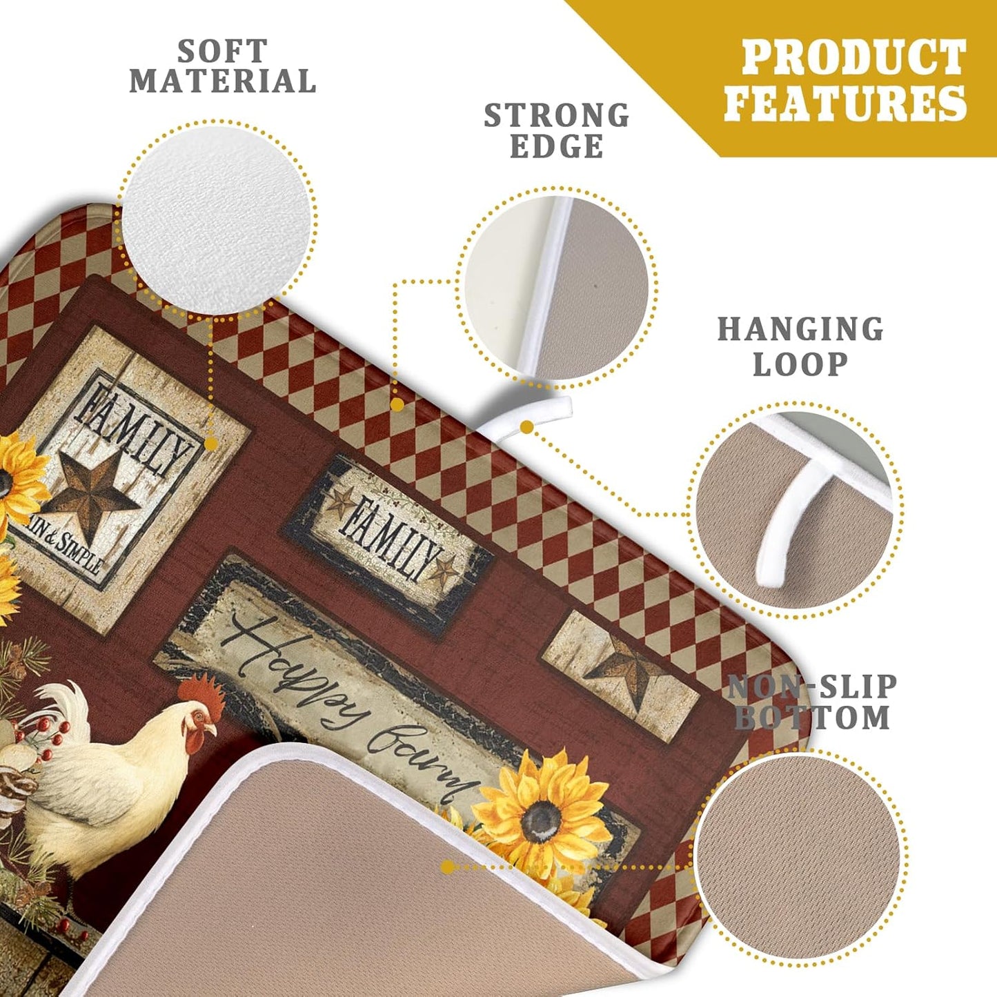 Vintage Rooster Dish Drying Mat 16x18 Inch Farmhouse Chicken Dish Drainer Pad Microfiber Absorbent Fast Dry Kitchen Counter Accessories