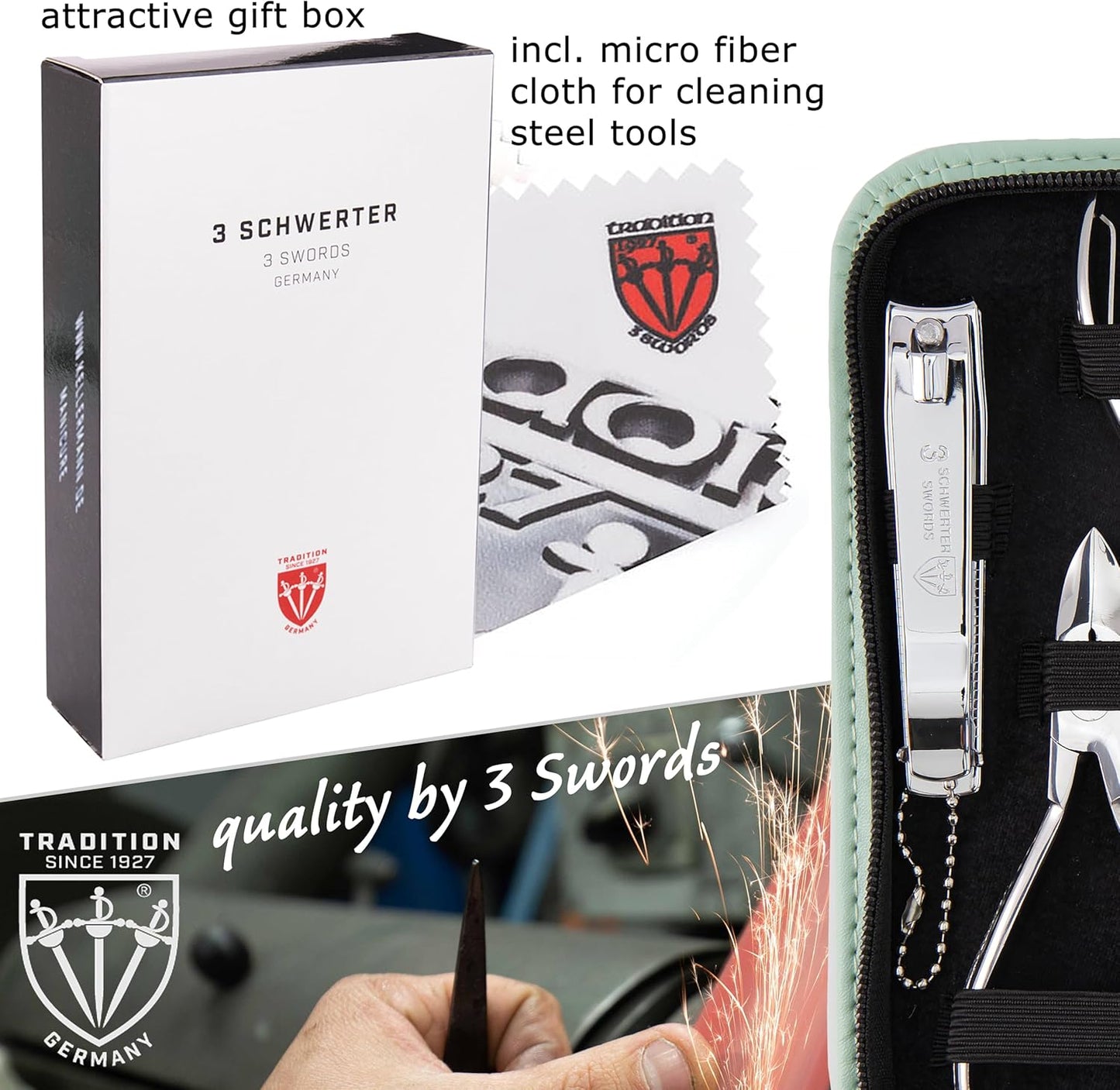3 Swords Germany - brand quality 10 piece manicure pedicure grooming kit set for nail care scissors clipper mint synthetic leather case - Made by 3 Swords