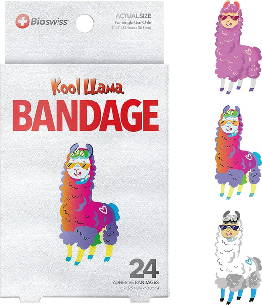 BioSwiss Kids Bandages, Llama Shaped Self Adhesive Bandage Set, Latex Free, Sterile Wound Care, 24 Count