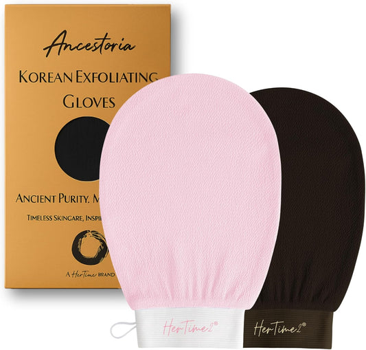 Ancestoria Korean Exfoliating Gloves for Shower, Pink and Black, 2-Pack, Deep Exfoliating Mitts for Body, Reusable and Chemical-Free, A HerTime2 Brand
