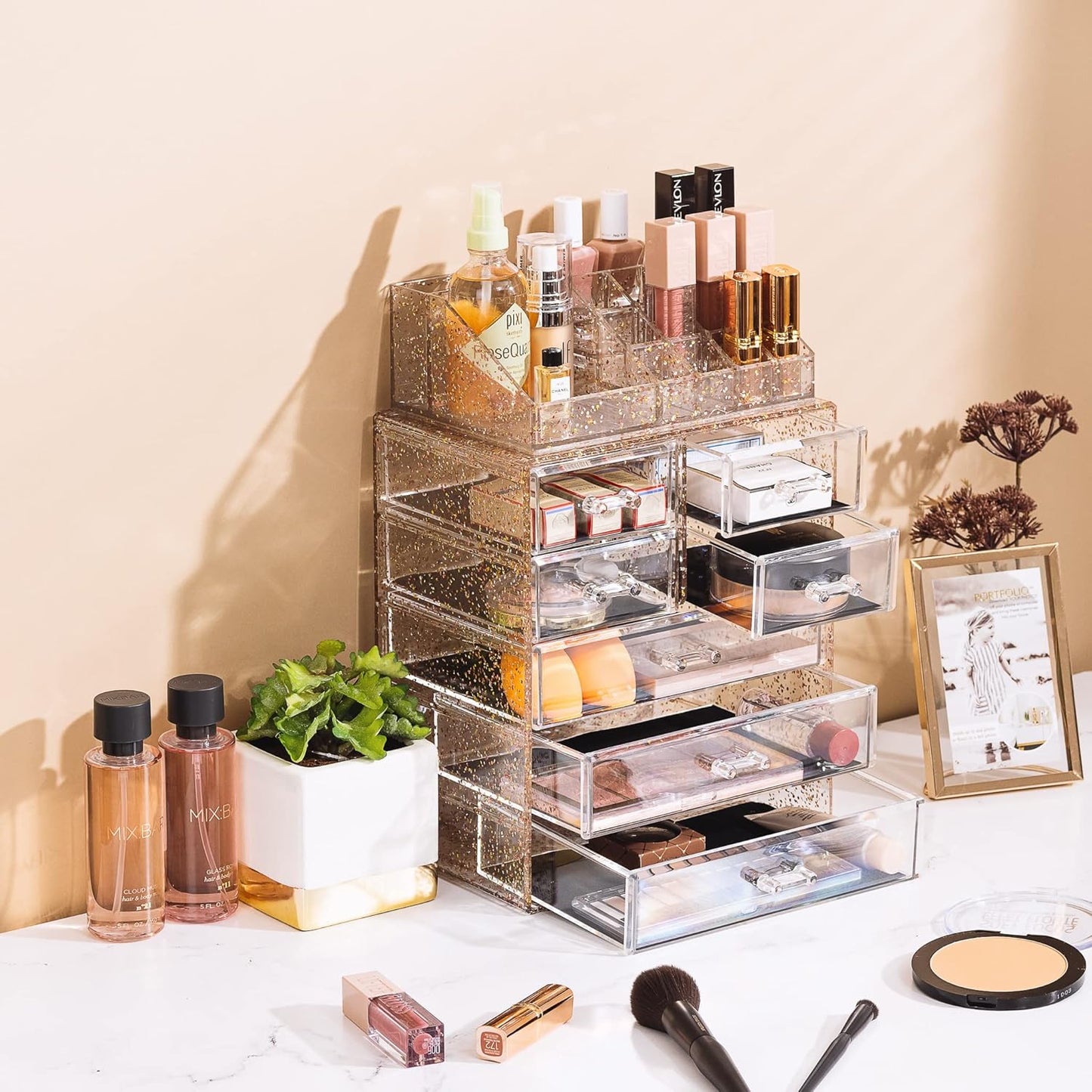 Sorbus Clear Cosmetic Makeup Organizer - Make Up & Jewelry Storage, Case & Display - Spacious Design - Great Holder for Dresser, Bathroom, Vanity & Countertop (3 Large, 4 Small Drawers) [Glitter]