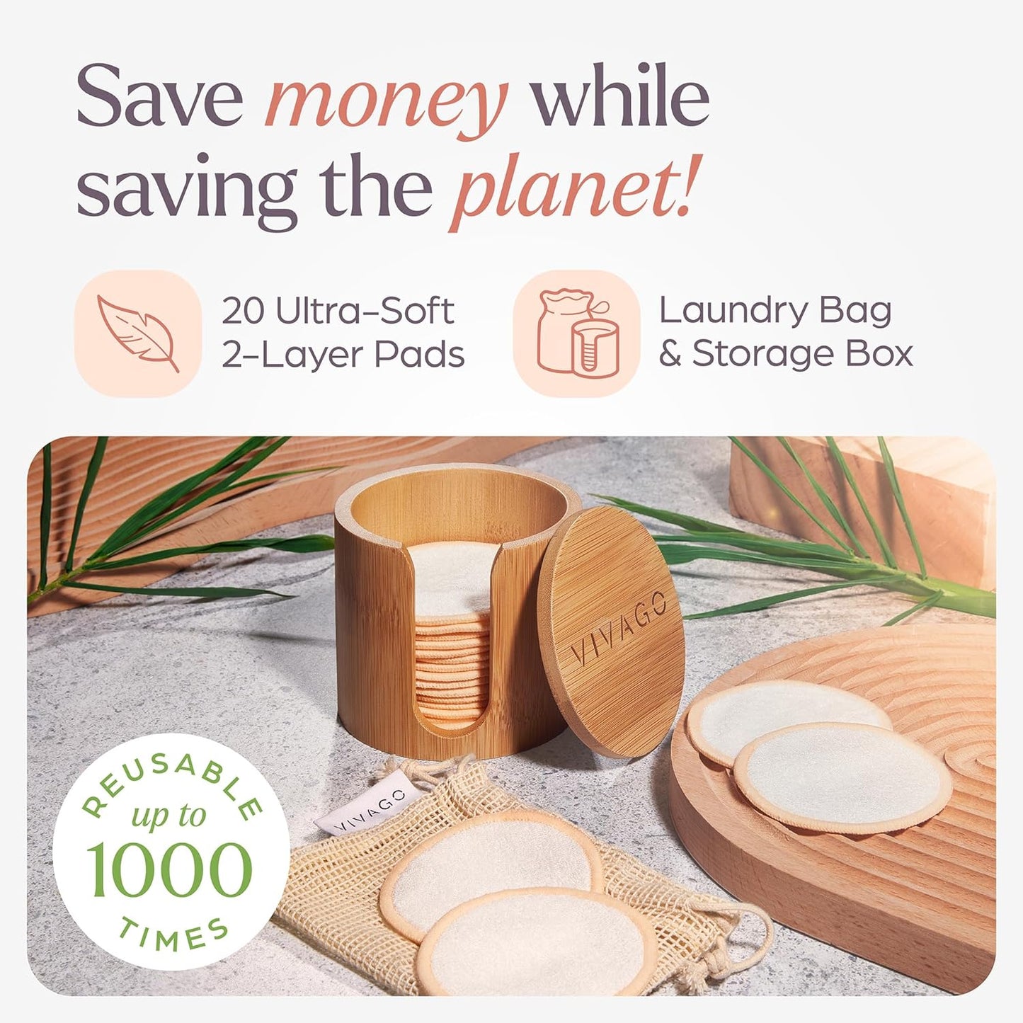 Reusable Cotton Rounds for Face - (20 Pack) Soft Reusable Makeup Remover Pads with Washable Drawstring Laundry Bag & Bamboo Holder - All Skin Type Skincare Set Facial Cleaning Cloth