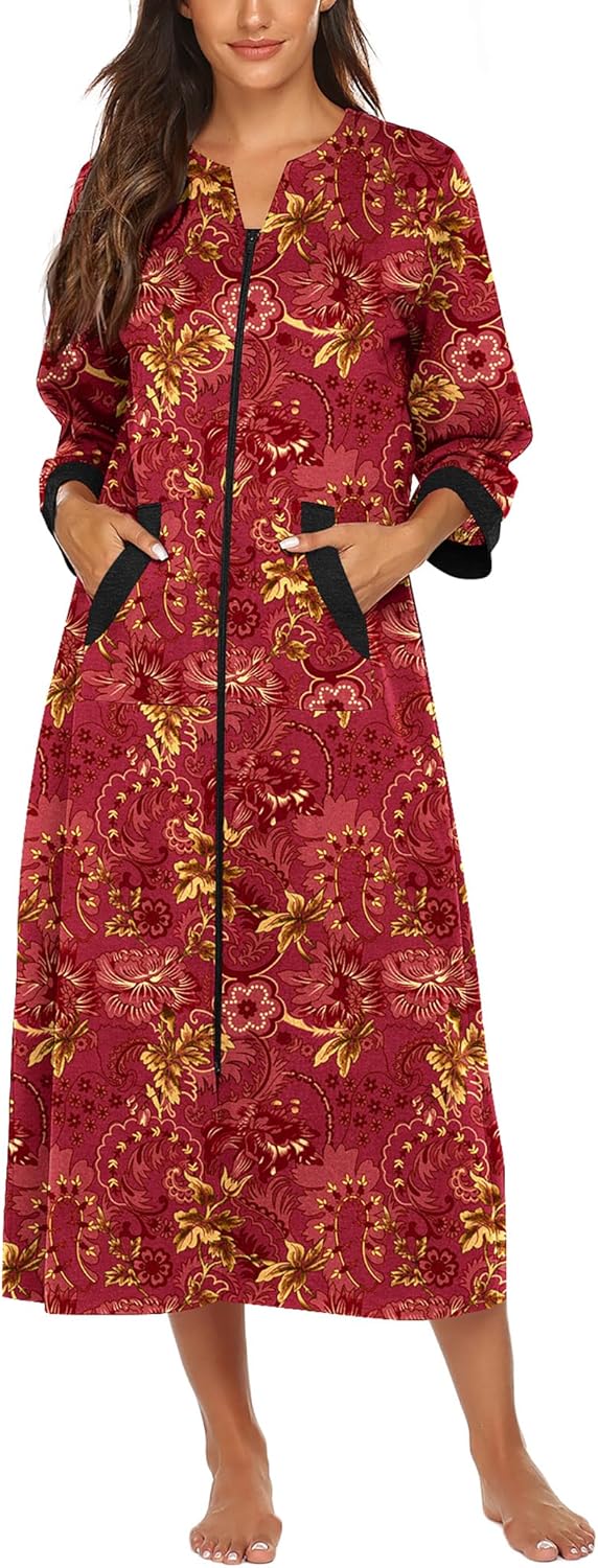 Ekouaer Women Zipper Robe 3/4 Sleeves Loungewear Dress Full Length Sleepwear Pockets Housecoat Nightgown Long Bathrobe