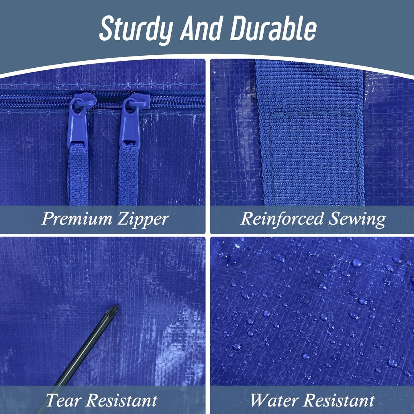 12 Pack Extra Heavy Duty Large Moving Bags with Strong Zipper & Comfortable Handles, Sturdy & Durable Clothes Storage Bags Totes Bins, Packing Moving Boxes for College Supplies, Blue