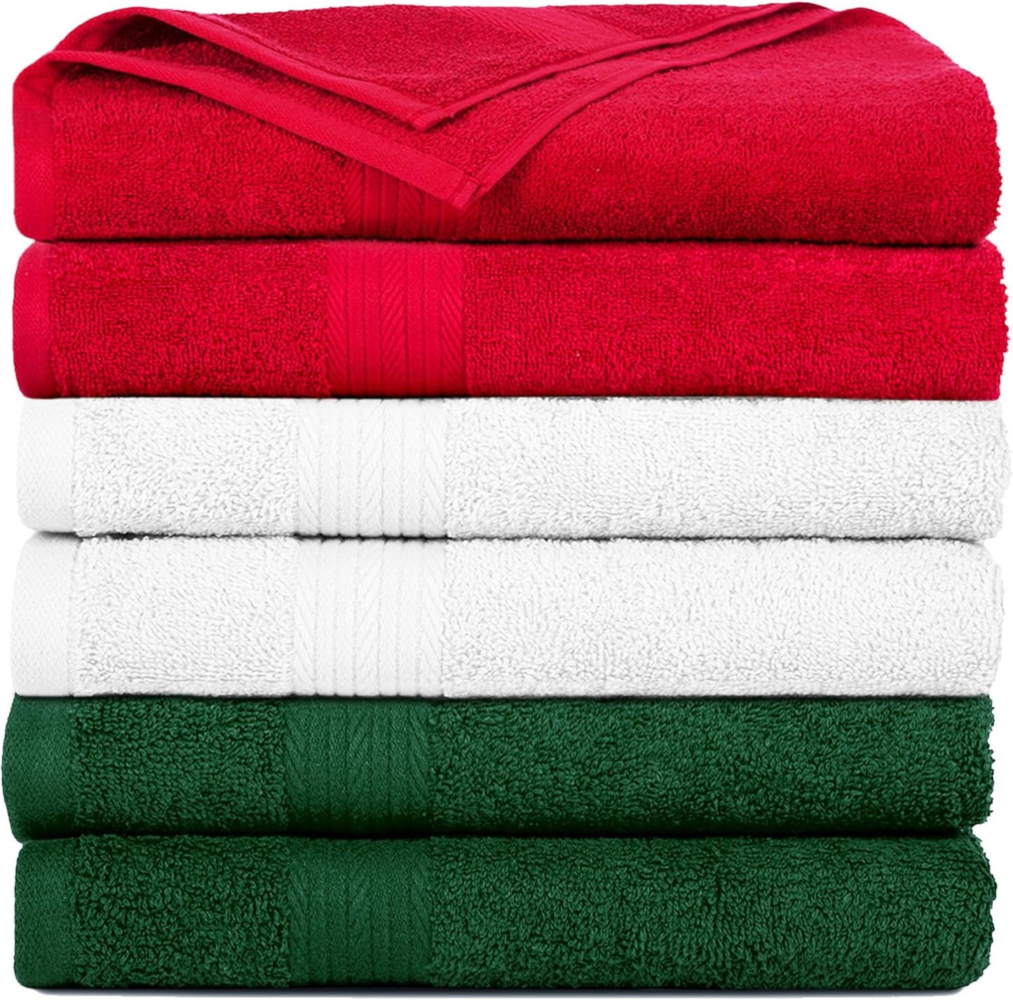 Ample Decor Hand Towel for Bathroom 100% Cotton 18 X 28 Inch 600 GSM Soft - 6 pcs White, Red & Green