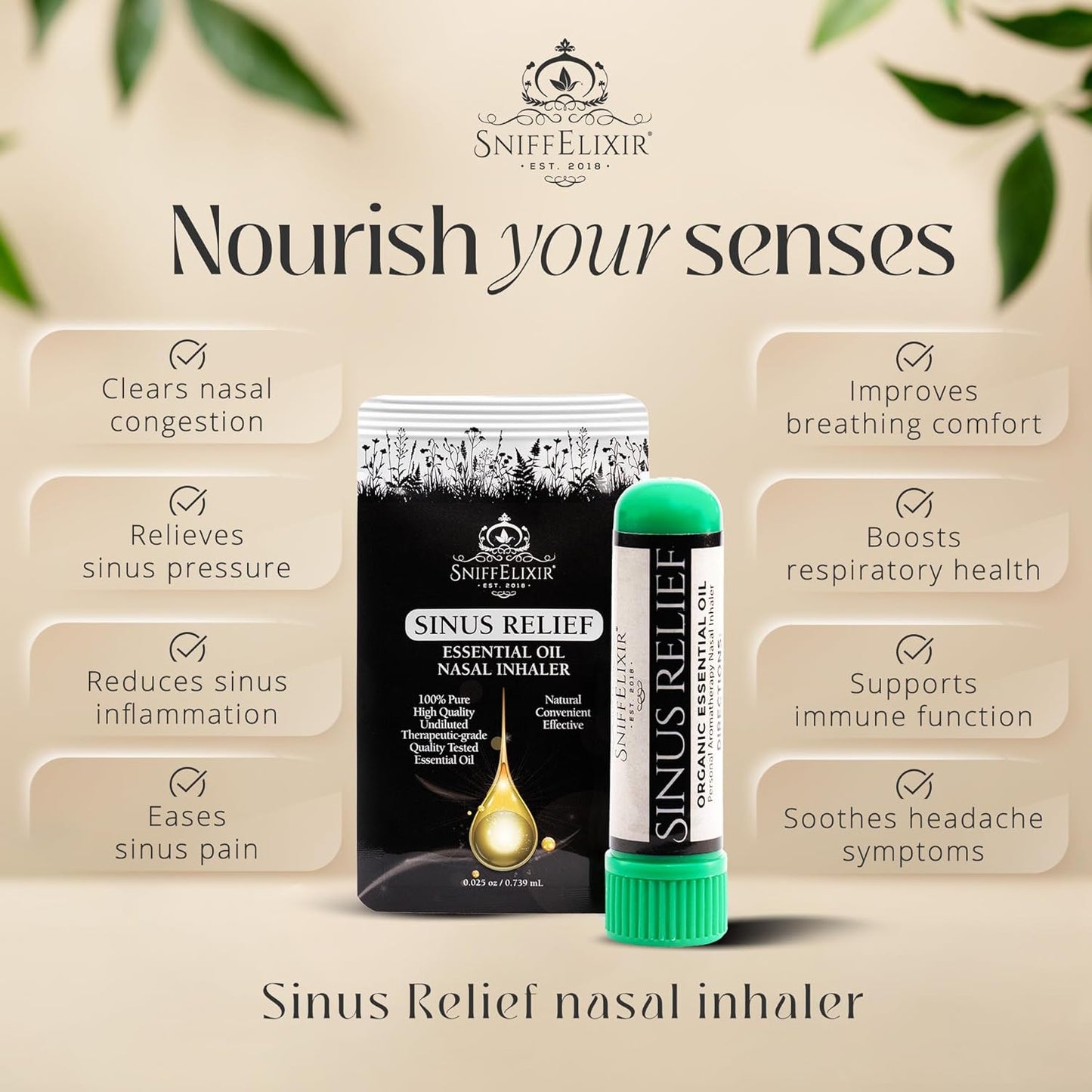 Nasal Inhaler for Sinus Relief, Made with Organic Essential Oils - Aromatherapy Stick with Peppermint & Tea Tree for Stuffy Nose & Congestion