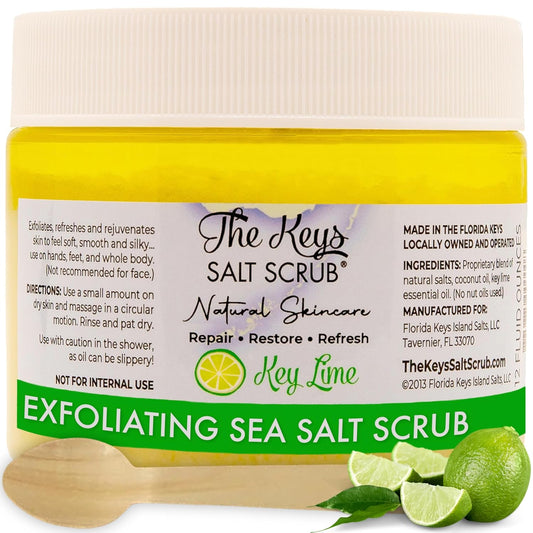 The Keys Salt Scrub -Sea Salt Scrub - Exfoliating Body Scrub with Wooden Spoon - Moisturizing Exfoliator for Hands, Foot, Bath, (12 Ounce (Pack of 1), Key Lime)